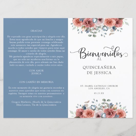Spaans, blauw en blush Floral Quinceanera-programm (Voorkant)