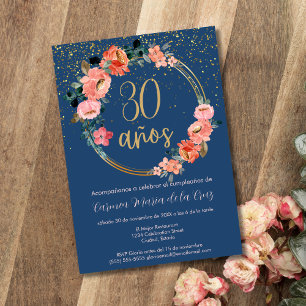Spaans Blauw Gouden Chic Bloemenfeest 30e Verjaard Kaart