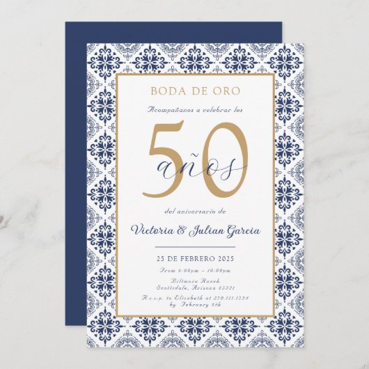 Spaans Blauw Wit Jubileum Uitnodiging (Voorkant / Achterkant)