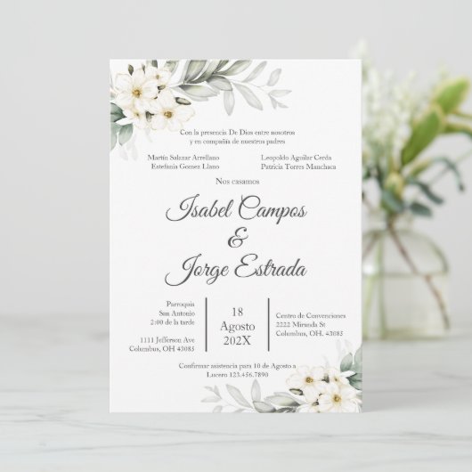 Spaans Bloemen bruiloft Kaart (Staand voorkant)