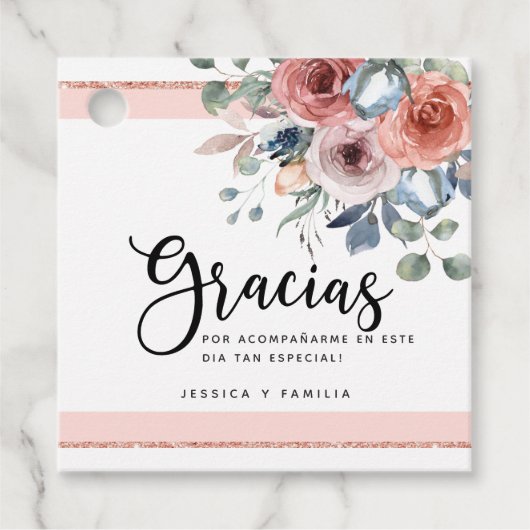 Spaans, Blush Pink, Roos Gold, Blue Floral Bedankjes Labels (Voorkant)