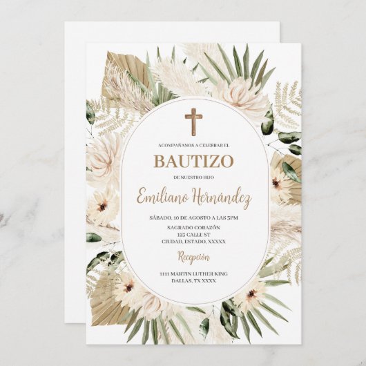 Spaans Boho Doop Bloemen Uitnodiging (Voorkant / Achterkant)