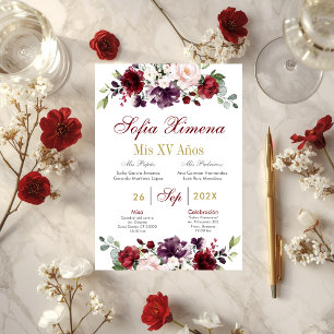 Spaans Bourgondië Floral Quinceanera Kaart