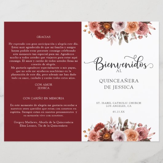 Spaans Burgundy Blush Floral Quinceanera-programma (Voorkant)