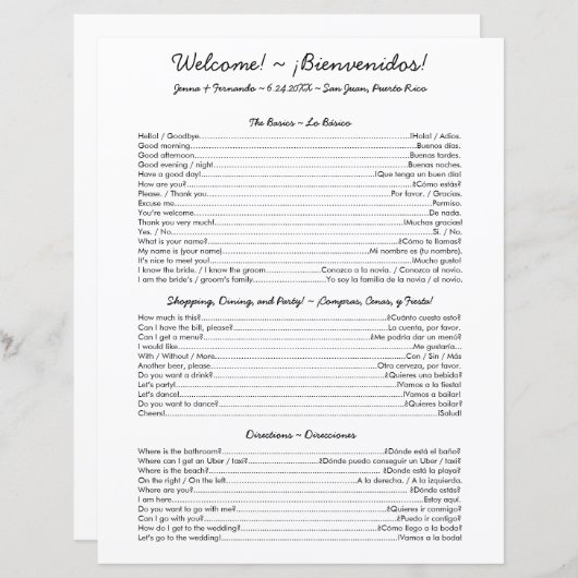 Spaans Cheat Sheet - Tweetalige bruiloft (Voorkant / Achterkant)
