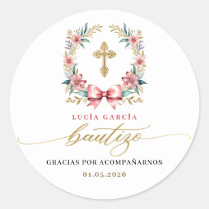 Spaans De Bautizo Gracias Goud & Roze Ronde Sticker