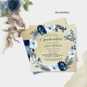 Spaans, Elegant Blauw en Goud, Floral Quinceañera Kaart