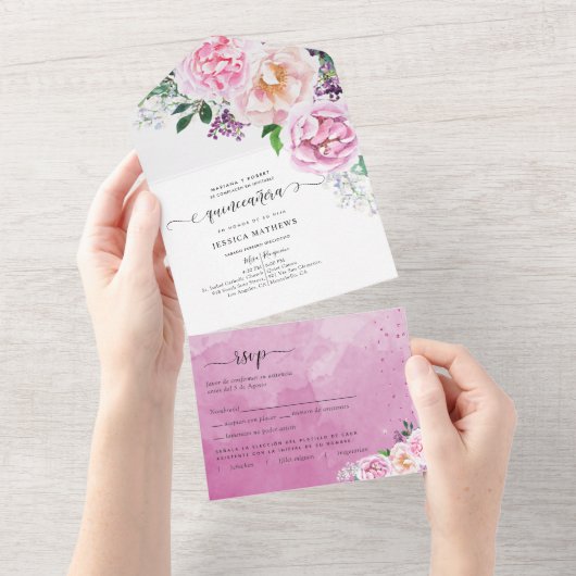 Spaans, Elegant Fuchsia, Hot Pink Quinceañera All In One Uitnodiging (Afscheurbaar)