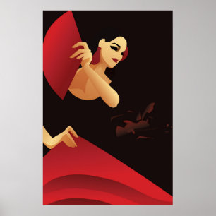 Spaans flamenco danser met ventilator, zwart en ro poster