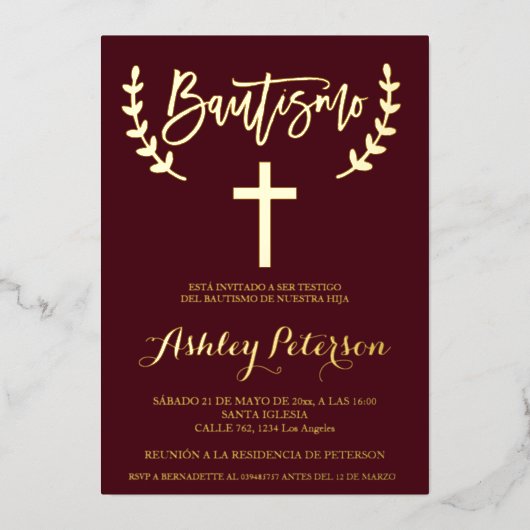 Spaans Goud bordeaux rood elegant script doop Folie Uitnodiging (Voorkant)