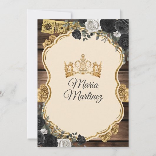 Spaans goud & zwart bloemenhout Quiñceanera Kaart (Achterkant)