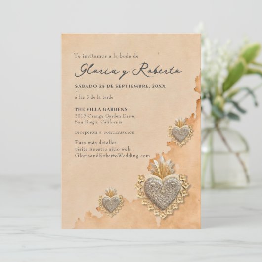 Spaans, Gouden Milagros Hart Mexicaanse bruiloft Kaart (Staand voorkant)