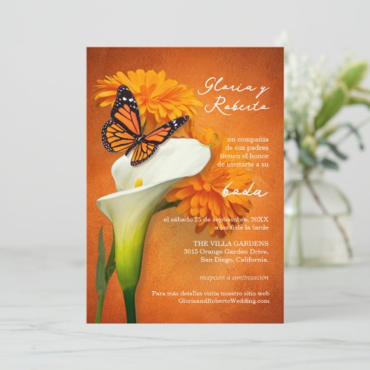 Spaans, goudsbloemen & vlinder Mexicaanse bruiloft Kaart (Staand voorkant)