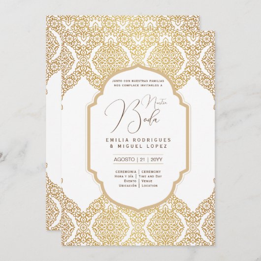 Spaans Huwelijksuitnodiging Elegant Wit Goud Versi Kaart (Voorkant / Achterkant)