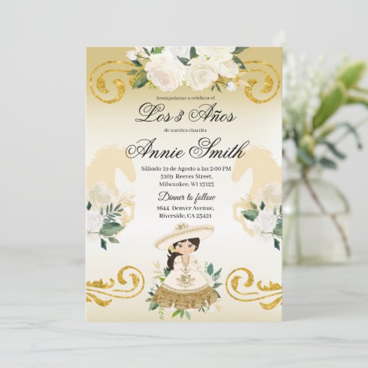 Spaans Mexicaans 3 jaar Gouden Charra Meisje Kaart (Staand voorkant)