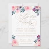 Spaans Nuestra Boda flores pintadas rosada morada Kaart (Voorkant)