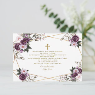 Spaans Paars Floral Gracias Con Oración Bautizo Bedankkaart