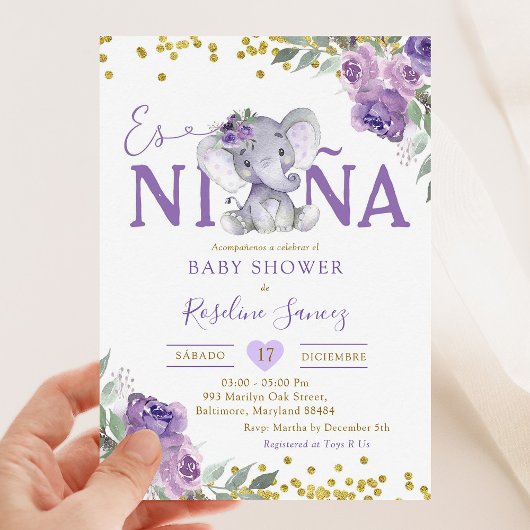 Spaans Paarse Olifant Es Niña Baby shower Kaart