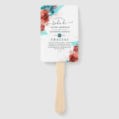 Spaans programma Turquoise en Coral Floral Wedding Handwaaier (Voorkant)