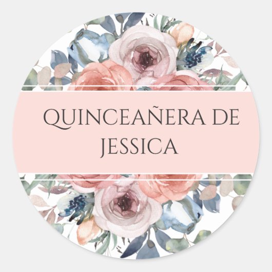 Spaans, Quinceañera, Bloem Stempel/Zegel Favor Ronde Sticker (Voorkant)