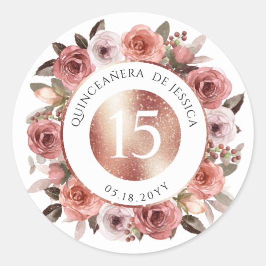 Spaans, Quinceañera, Bloemen envelop zegel/gunst Ronde Sticker (Voorkant)