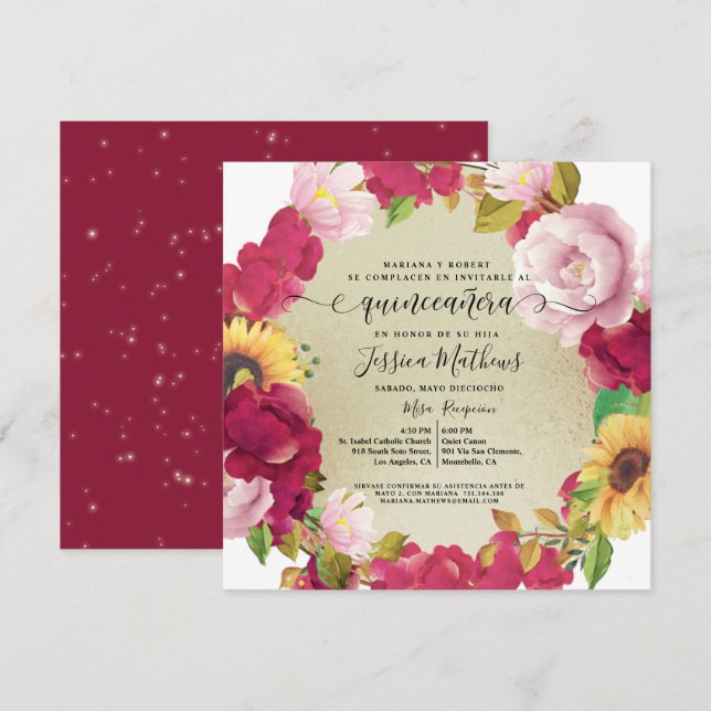 Spaans, Quinceañera Elegant Red Floral Invitation (Voorkant / Achterkant)