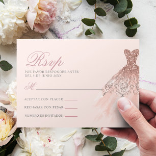Spaans Quinceañera Mis Quince Pink Rose RSVP Kaartje