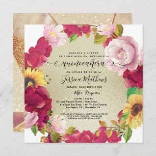 Spaans, Quinceañera Red Floral, Glitter Invitation