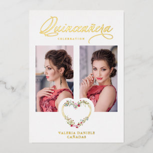 Spaans Quinceañera Romantic Red Pink Shades Heart Folie Uitnodiging