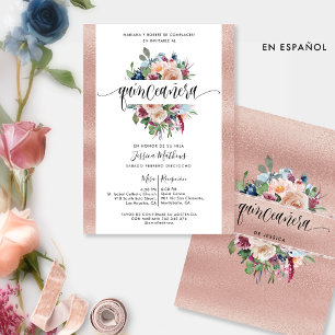 Spaans, Roos Gouden Pastel Bloemen Quinceañera Inv Kaart