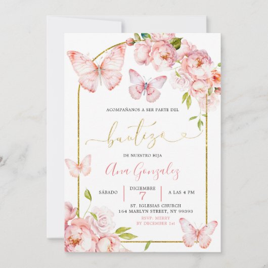 Spaans roze pioen bloemige vlinder meisje bautizo kaart (Voorkant)