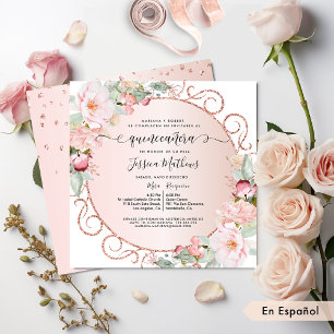 Spaans, Roze, Roos Gold, Blush Floral Quinceanera Kaart