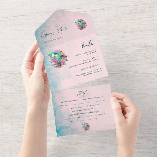 Spaans, rustieke bloemen hart Mexicaanse bruiloft All In One Uitnodiging (Afscheurbaar)