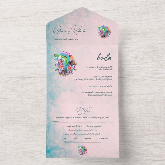 Spaans, rustieke bloemen hart Mexicaanse bruiloft All In One Uitnodiging (Binnen)