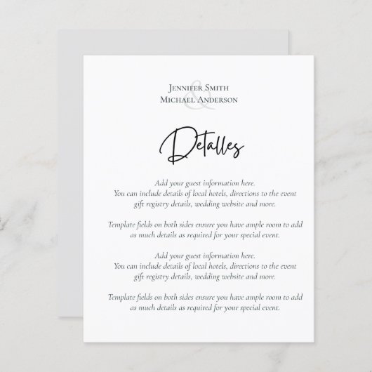 Spaans Script Wedding Detalles Sjabloon Enclosure (Voorkant / Achterkant)