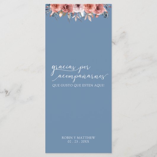 Spaans, Stoffig Blauw Zalig Bloemen Bruiloft Menu (Achterkant)