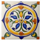Spaans Traditioneel Geel Groen Blauw en Wit Tegeltje (Voorkant)