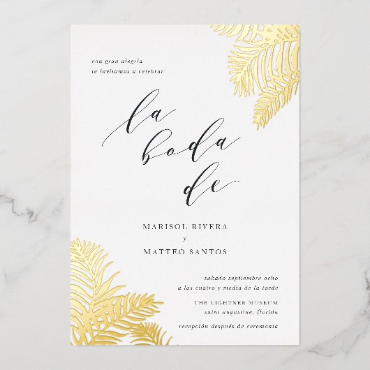Spaans Tropisch Bladgroen Bruiloft Goud Folie Uitnodiging (Voorkant)