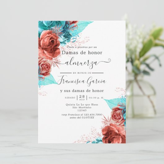 Spaans Turquoise en Coral Bridesmaids Kaart (Staand voorkant)