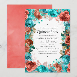 Spaans Turquoise en Coral Floral Quinceañera Inv Kaart
