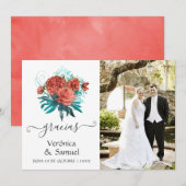 Spaans Turquoise en koraal Tropical Wedding Bedankkaart (Voorkant / Achterkant)