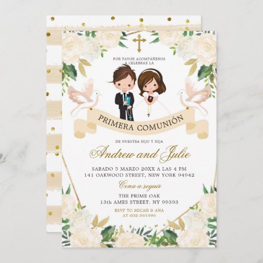 Spaans Verwant Jongen en Meisje Eerste Heilige Com Kaart (Voorkant / Achterkant)