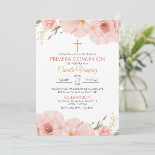 Spaans Waterverf Bloemen Eerste Communie Kaart (Staand voorkant)