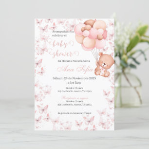 Spaanse baby shower uitnodiging roze beer meisje