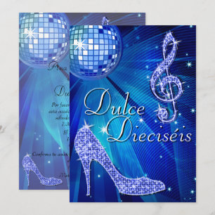 Spaanse Blauwe Disco Bal & Glitter Hakken Sweet 16 Kaart