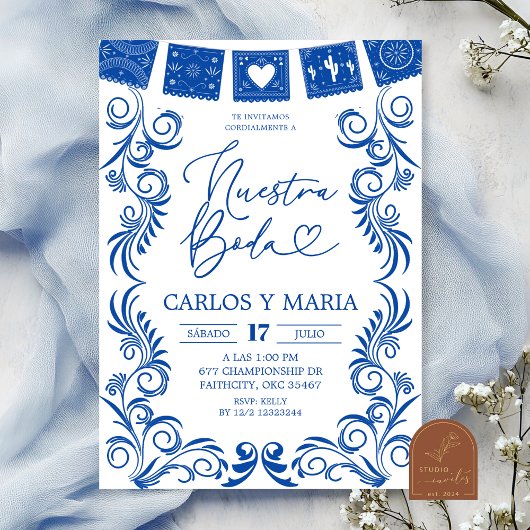 Spaanse Blauwe Talavera Frame Nuestra Boda Kaart