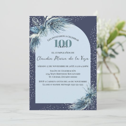 Spaanse Blauwe Winter Bloemen 100ste Verjaardagsfe Kaart (Staand voorkant)