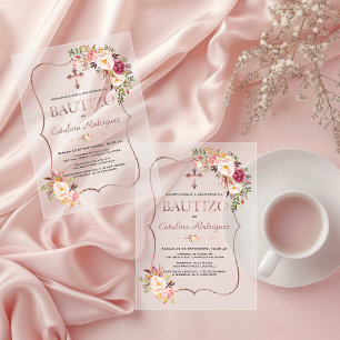 Spaanse Blush Roze Met Bloemen Rose Goud Doopfeest Acryl Uitnodigingen