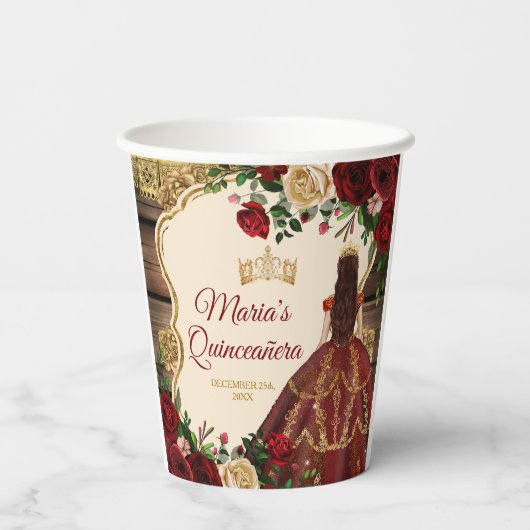 Spaanse Bourgogne Bloemen Rustiek Hout Quinceañera Papieren Bekers (Achterkant)
