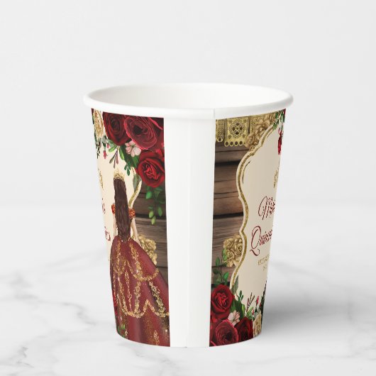 Spaanse Bourgogne Bloemen Rustiek Hout Quinceañera Papieren Bekers (Rechts)